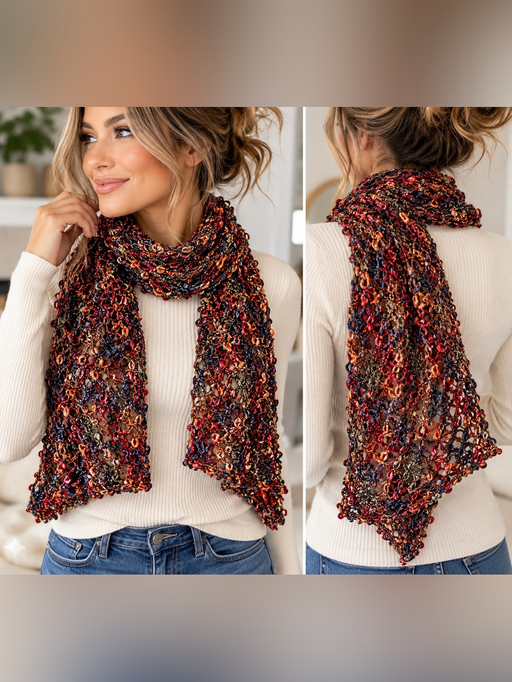 Multicolor Open Knit Ribbon Yarn Scarf Rust Olive Navy Burgundy 30 Inch